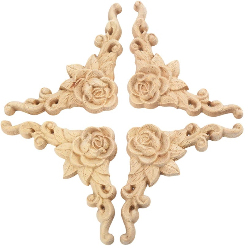 MUXSAM 4Pcs Rose Carved Appliques Onlays Crafts Addition, 12x12cm/4.7"x4.7", Excellent Wood Detail Unpainted Ornament Piece for Wall Door Ceiling Table Bed Cabinet Mirror Dresser Drawer - Image 1